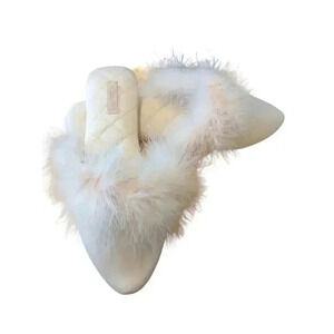 Halluci Slippers Pink  Velvet Ostrich Feather Full Pointy US 6 Small Euro 36/37